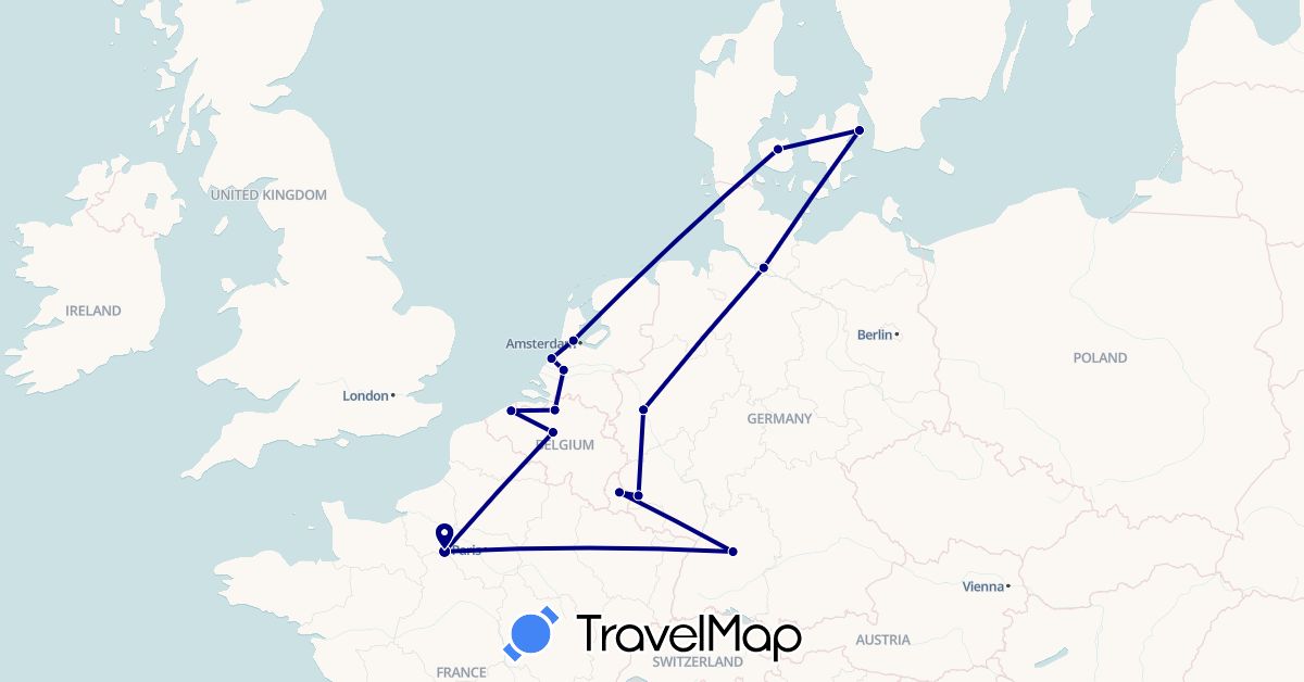 TravelMap itinerary: driving in Belgium, Germany, Denmark, France, Luxembourg, Netherlands (Europe)